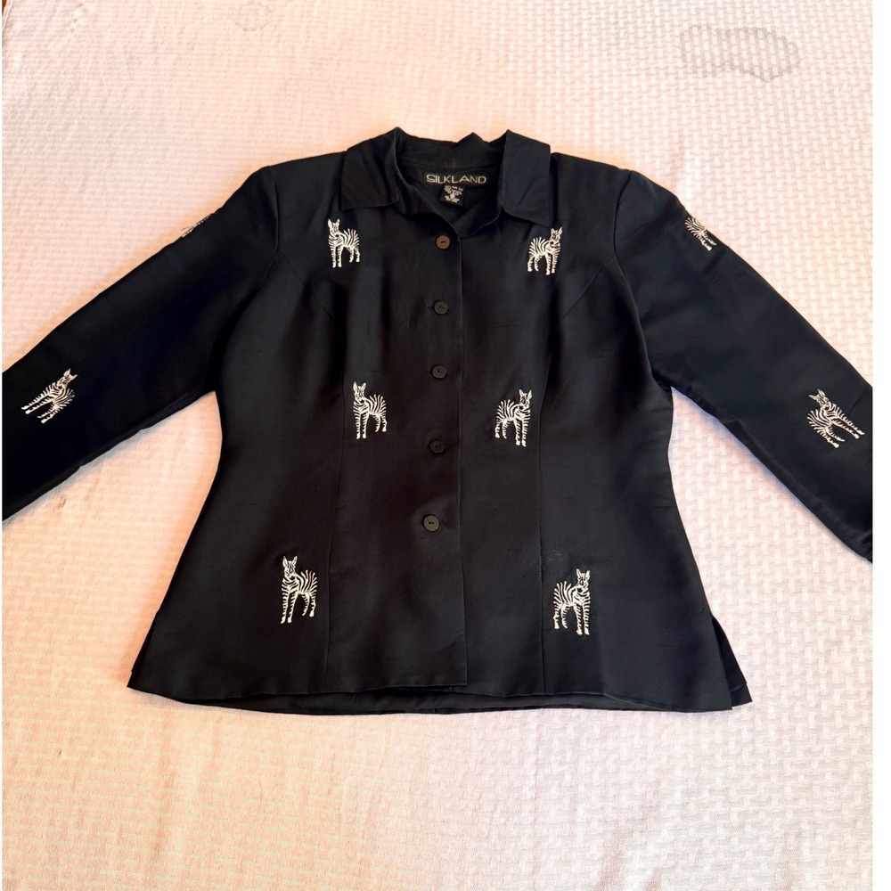 Silkland Vintage 90s Black 100% Silk Zebra Embroidered Blazer Jacket Womens 10